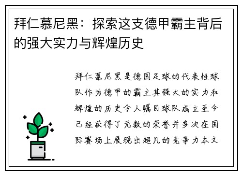 拜仁慕尼黑:探索这支德甲霸主背后的强大实力与辉煌历史 拜仁慕尼黑:探索这支德甲霸主背后的强大实力与辉煌历史